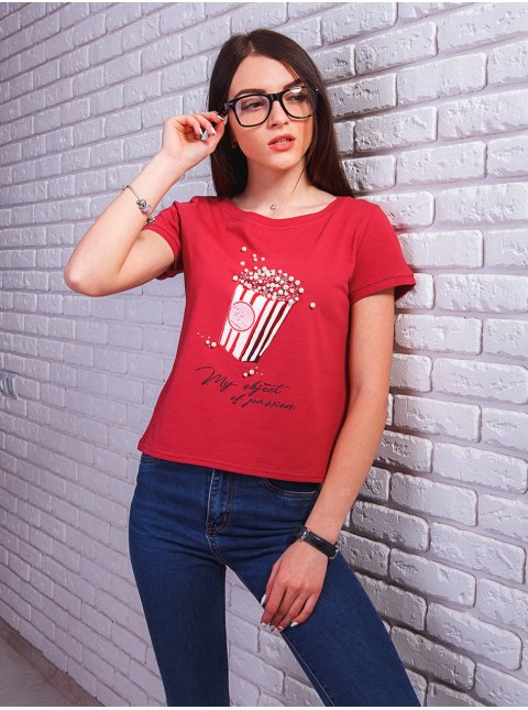 Модная укороченная футболка с принтом,  украшена жемчугом и стразами. Арт.‎2351