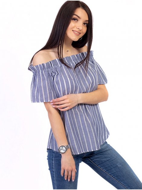 Блуза в полоску с поясом и открытыми плечами 2643