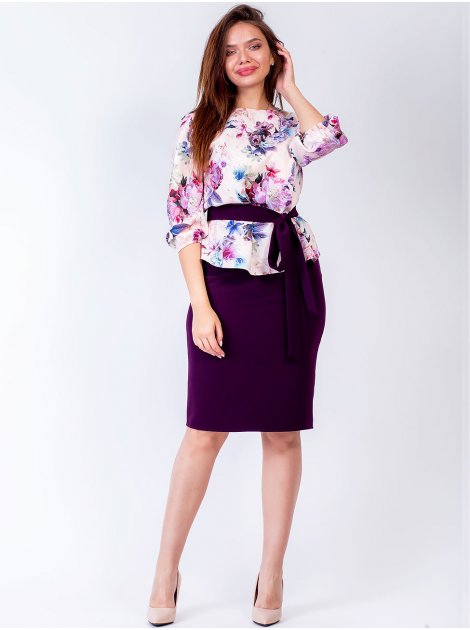 Костюм size+: жіночна блуза в квітку + стильна спідниця+пояс. Арт.2616