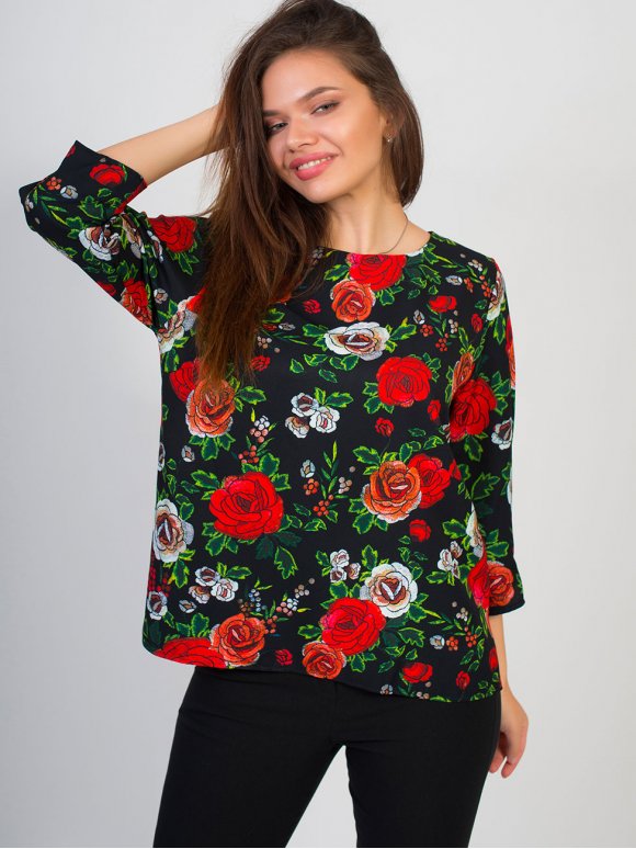 Розкішна блуза size+ із принтованної квітами тканини з четвертним рукавом. Арт.2617