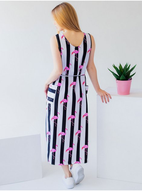 Трендовое платье миди в полоску с фламинго 2974
